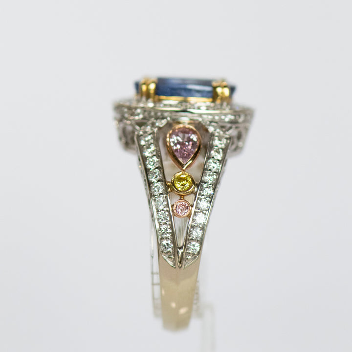 Oval Shape Blue Sapphire Halo Cocktail Ring In Tri-Color Gold