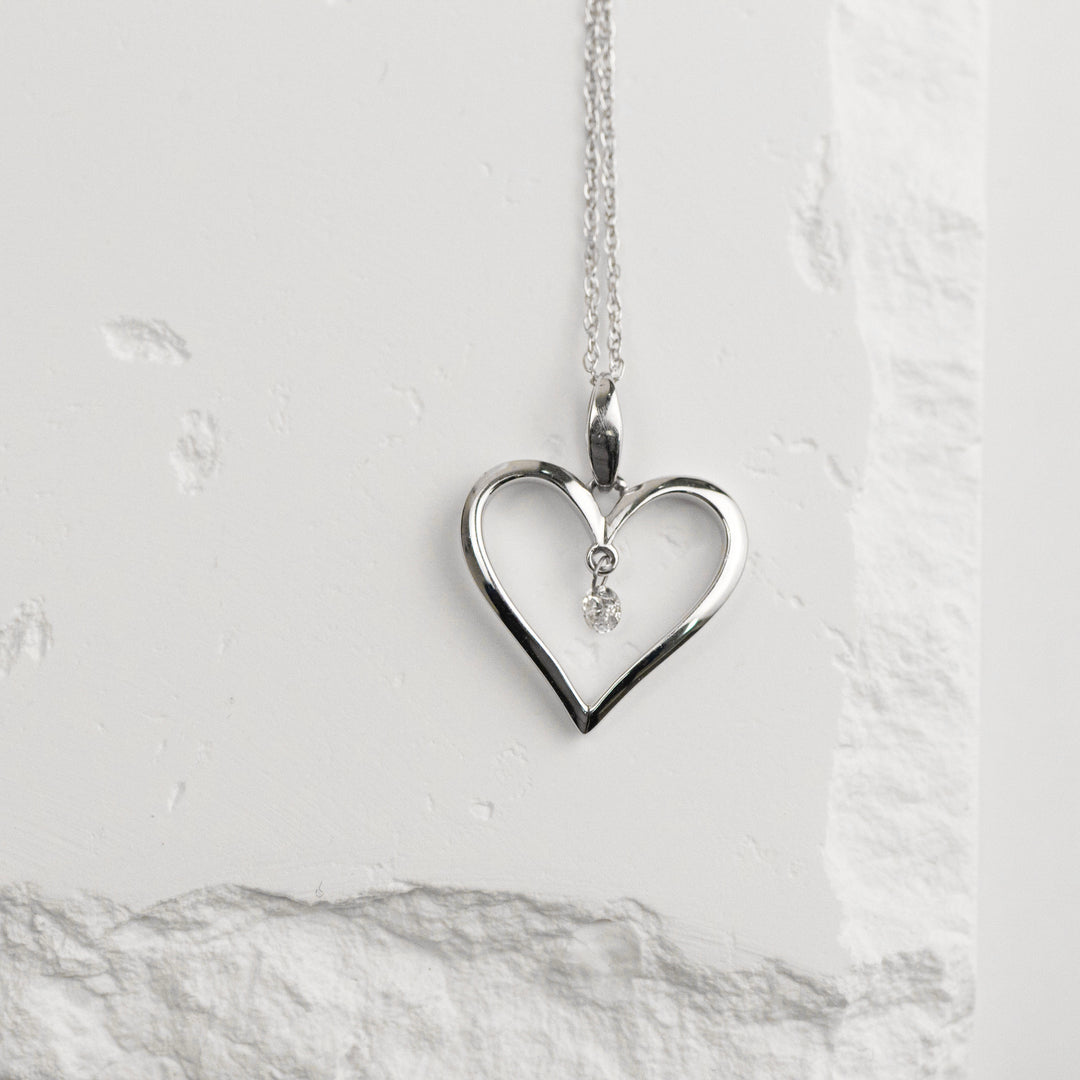 14K White Gold Shimmering Diamond Open Heart Necklace