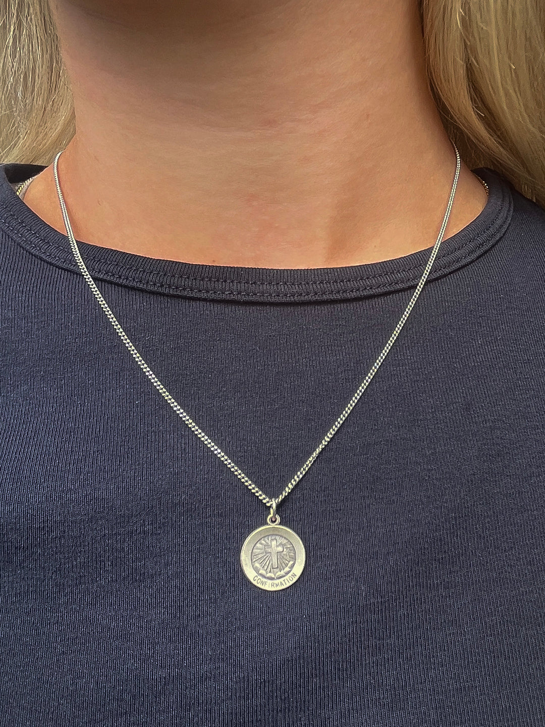 Sterling Silver 15 mm Confirmation Medal with Cross 18" Necklace