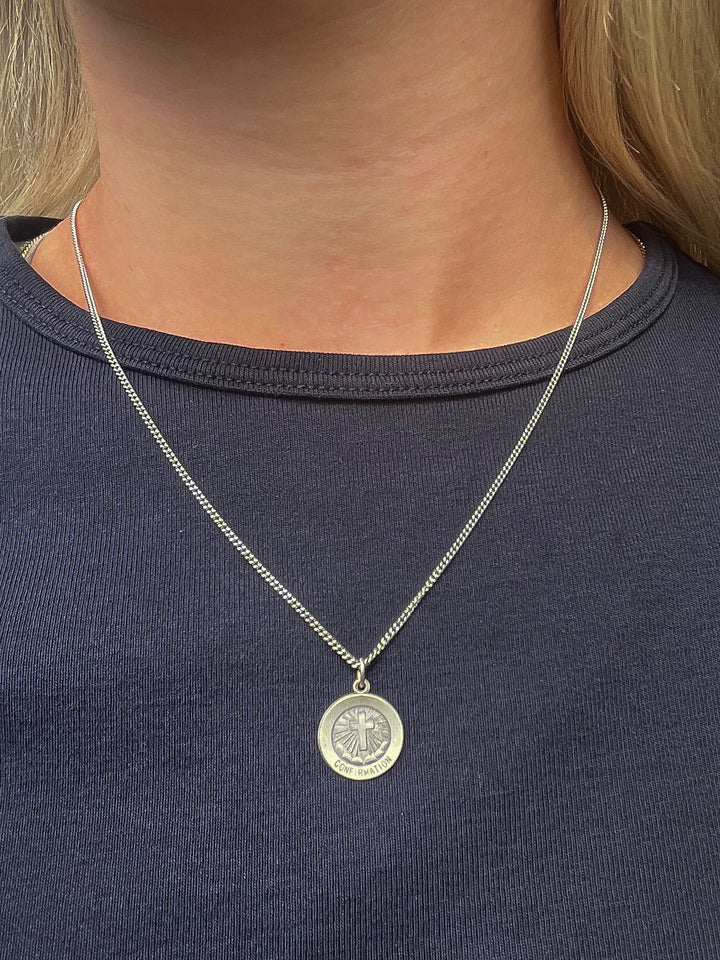 Sterling Silver 15 mm Confirmation Medal with Cross 18" Necklace