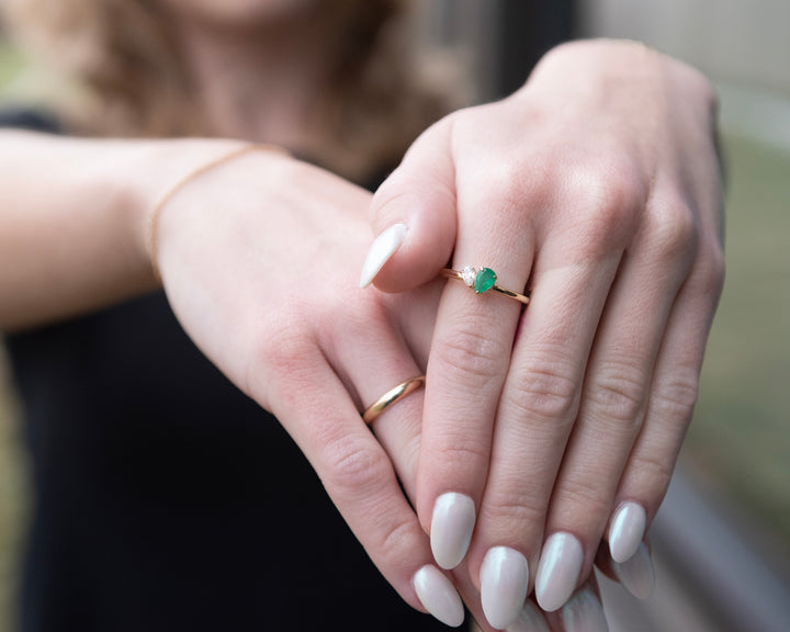14KY 2- Stone Pear Diamond and Emerald Ring