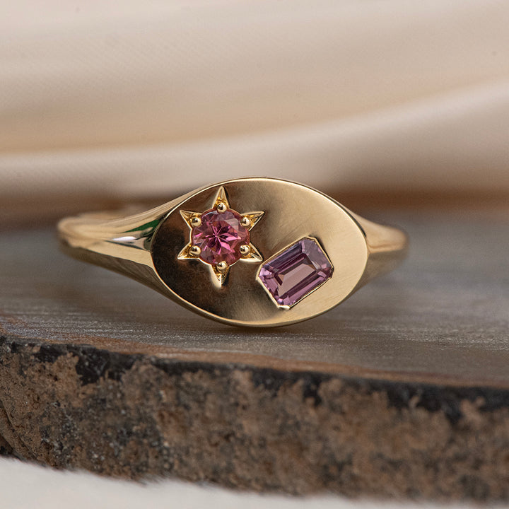 14K Yellow Gold Pink Tourmaline & Purple Sapphire Signet Ring