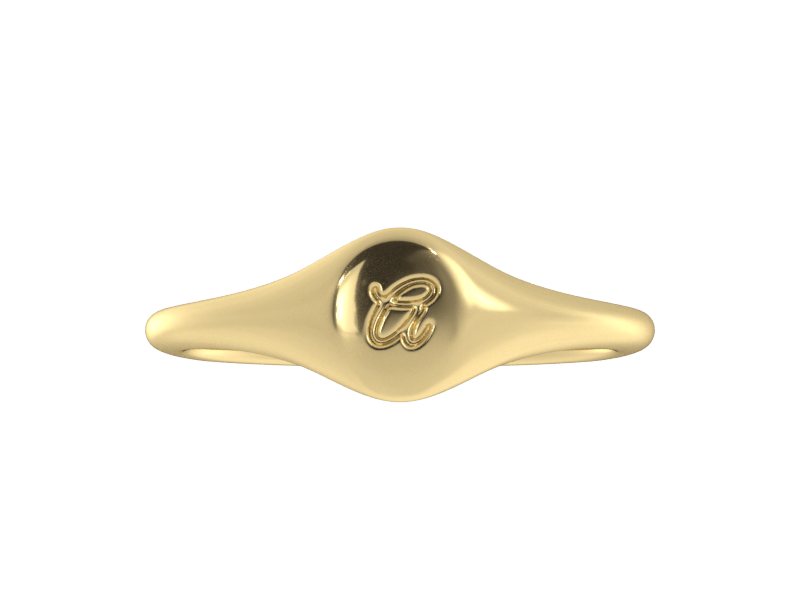 Minimalist ladies’ signet ring with custom script initial in solid 14K yellow gold. Dainty, heirloom-quality personalized jewelry for women.