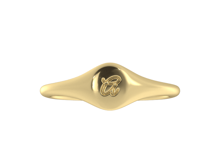 Minimalist ladies’ signet ring with custom script initial in solid 14K yellow gold. Dainty, heirloom-quality personalized jewelry for women.