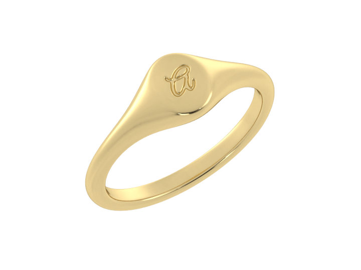Minimalist ladies’ signet ring with custom script initial in solid 14K yellow gold. Dainty, heirloom-quality personalized jewelry for women.