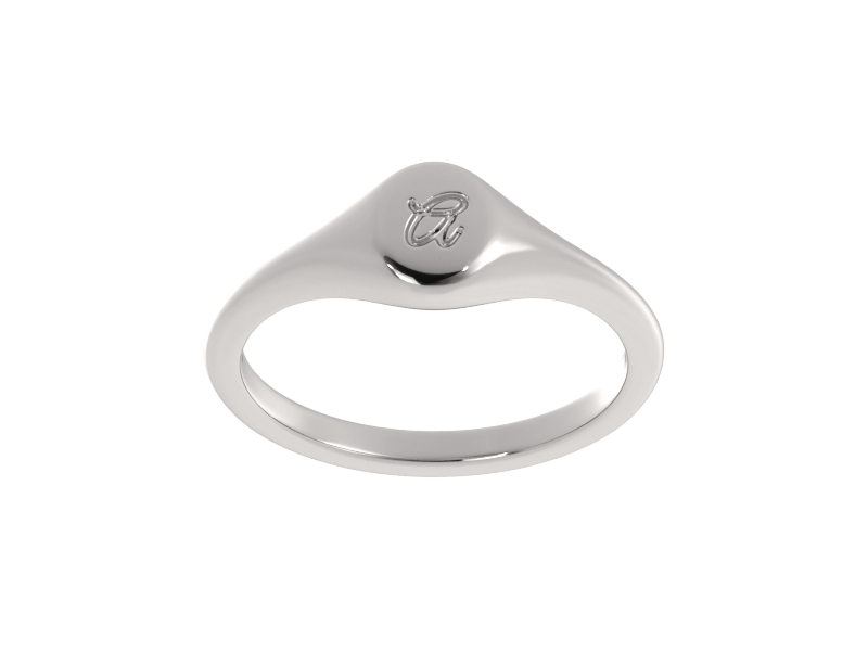 Minimalist ladies’ signet ring with custom script initial in solid gold or silver. Dainty, heirloom-quality personalized jewelry for women.