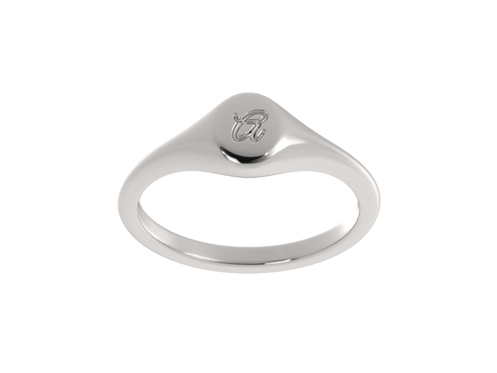 Minimalist ladies’ signet ring with custom script initial in solid gold or silver. Dainty, heirloom-quality personalized jewelry for women.