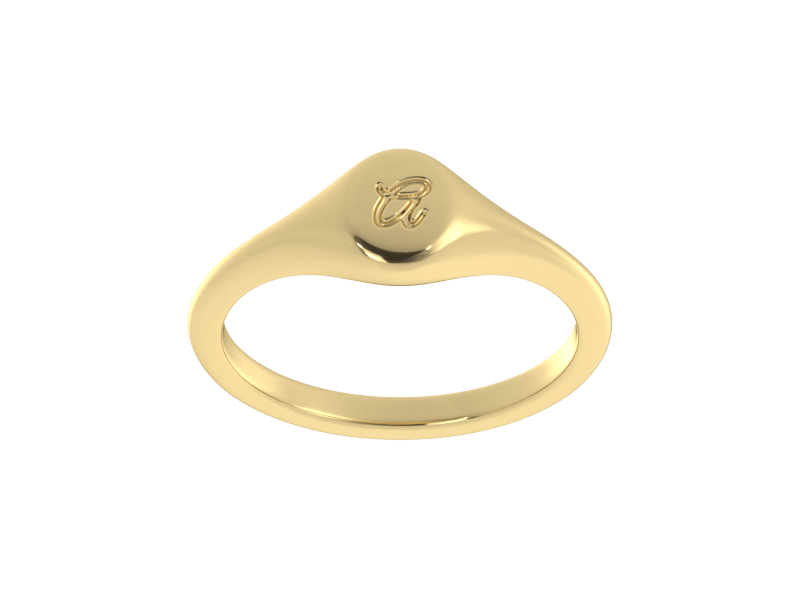 Minimalist ladies’ signet ring with custom script initial in solid 14K yellow gold. Dainty, heirloom-quality personalized jewelry for women.