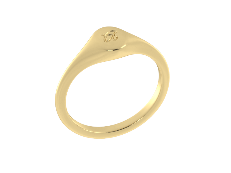 Minimalist ladies’ signet ring with custom script initial in solid 14K yellow gold. Dainty, heirloom-quality personalized jewelry for women.