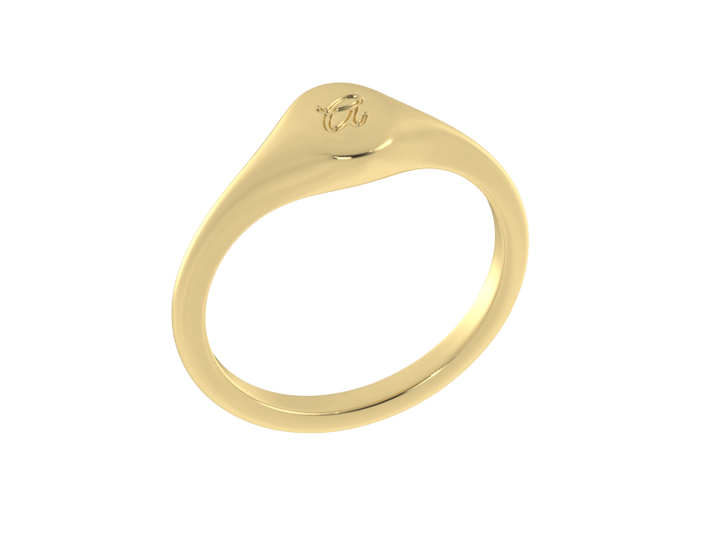 Minimalist ladies’ signet ring with custom script initial in solid 14K yellow gold. Dainty, heirloom-quality personalized jewelry for women.