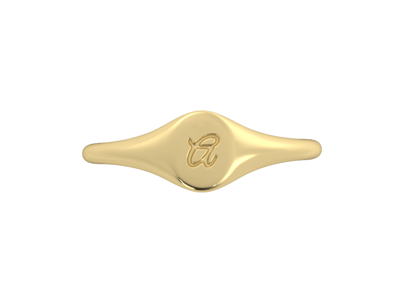 Minimalist ladies’ signet ring with custom script initial in solid 14K yellow gold. Dainty, heirloom-quality personalized jewelry for women.