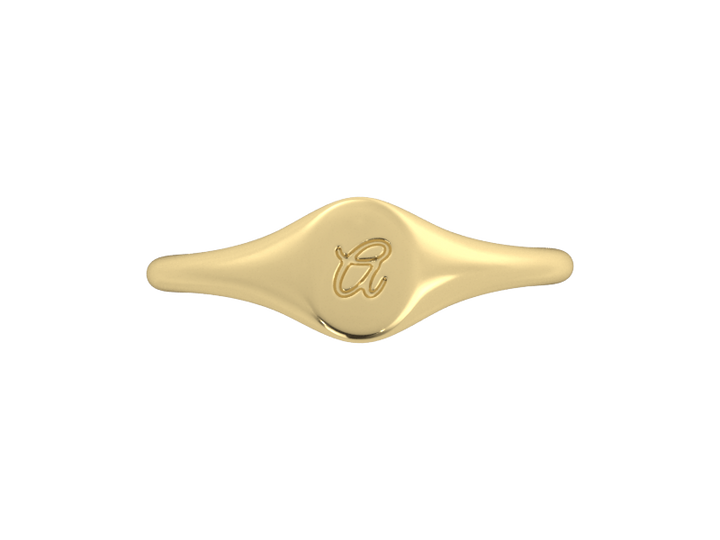 Minimalist ladies’ signet ring with custom script initial in solid 14K yellow gold. Dainty, heirloom-quality personalized jewelry for women.