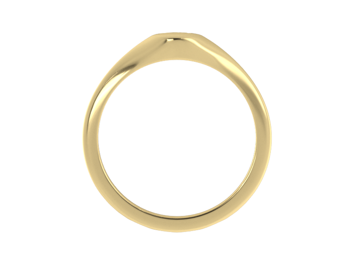 Minimalist ladies’ signet ring with custom script initial in solid 14K yellow gold. Dainty, heirloom-quality personalized jewelry for women.