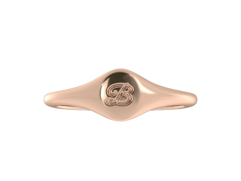Minimalist ladies’ signet ring with custom script initial in solid 14K rose gold. Dainty, heirloom-quality personalized jewelry for women.