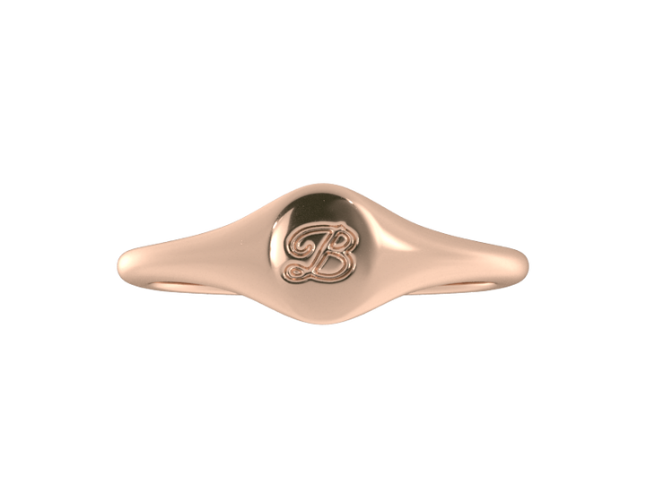 Minimalist ladies’ signet ring with custom script initial in solid 14K rose gold. Dainty, heirloom-quality personalized jewelry for women.