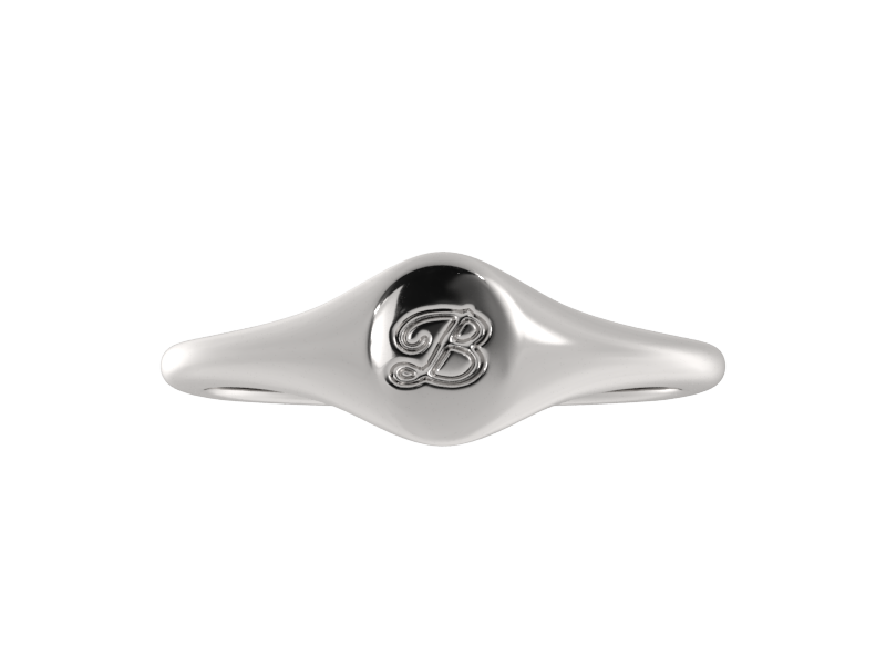 Minimalist ladies’ signet ring with custom script initial in solid gold or silver. Dainty, heirloom-quality personalized jewelry for women.