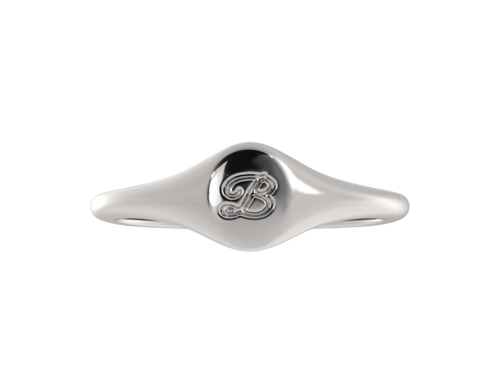 Minimalist ladies’ signet ring with custom script initial in solid gold or silver. Dainty, heirloom-quality personalized jewelry for women.