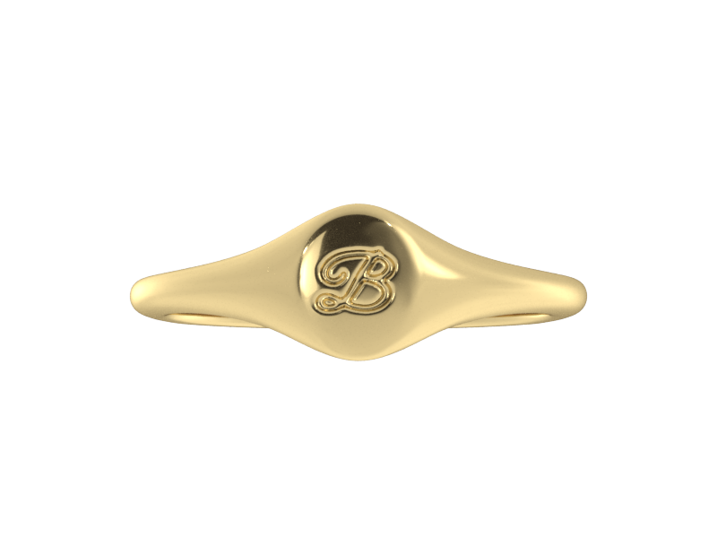 Minimalist ladies’ signet ring with custom script initial in solid 14K yellow gold. Dainty, heirloom-quality personalized jewelry for women.