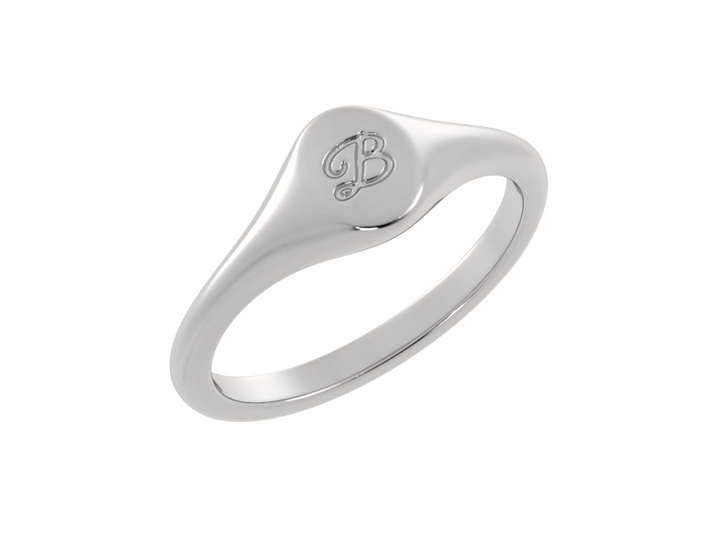 Minimalist ladies’ signet ring with custom script initial in solid gold or silver. Dainty, heirloom-quality personalized jewelry for women.