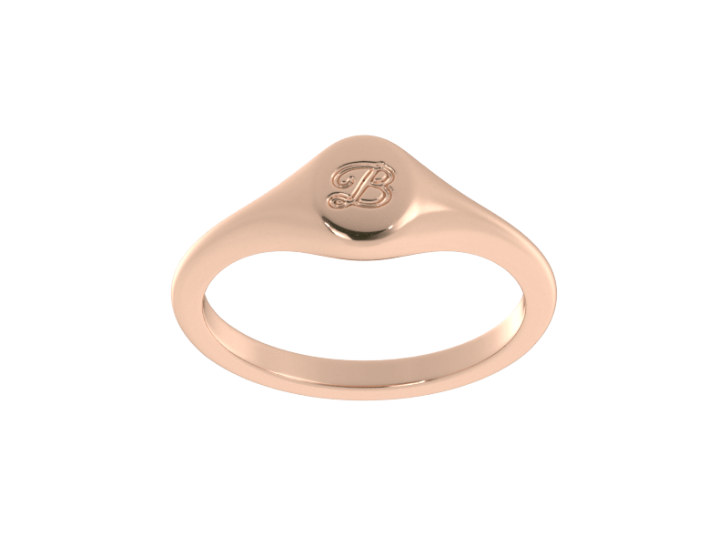 Minimalist ladies’ signet ring with custom script initial in solid 14K rose gold. Dainty, heirloom-quality personalized jewelry for women.