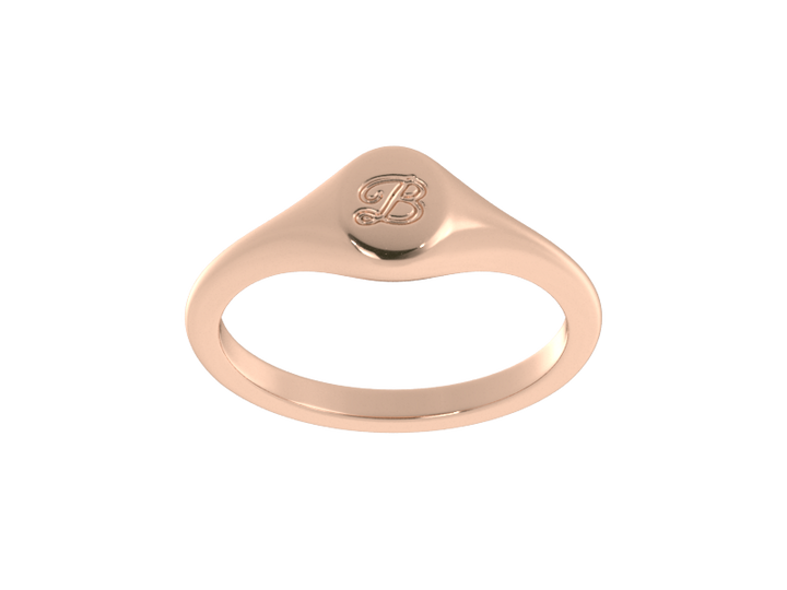 Minimalist ladies’ signet ring with custom script initial in solid 14K rose gold. Dainty, heirloom-quality personalized jewelry for women.