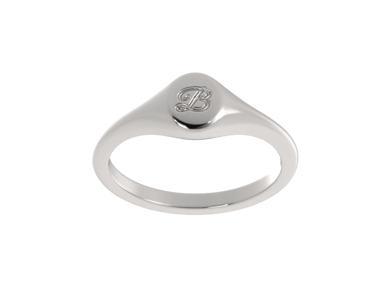 Minimalist ladies’ signet ring with custom script initial in solid gold or silver. Dainty, heirloom-quality personalized jewelry for women.