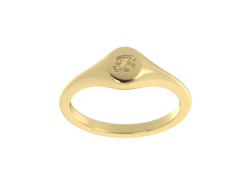 Minimalist ladies’ signet ring with custom script initial in solid 14K yellow gold. Dainty, heirloom-quality personalized jewelry for women.