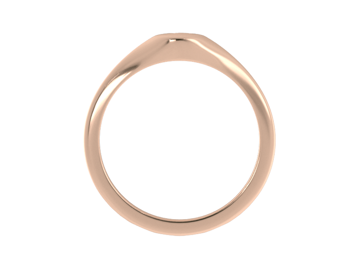 Minimalist ladies’ signet ring with custom script initial in solid 14K rose gold. Dainty, heirloom-quality personalized jewelry for women.