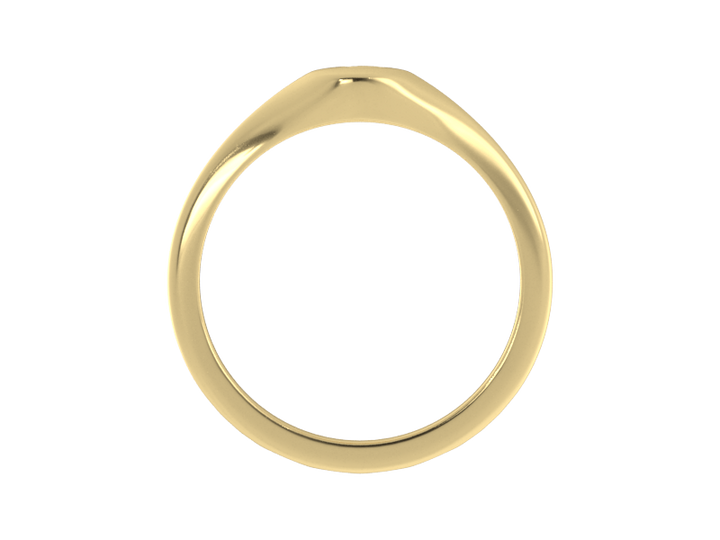 Minimalist ladies’ signet ring with custom script initial in solid 14K yellow gold. Dainty, heirloom-quality personalized jewelry for women.