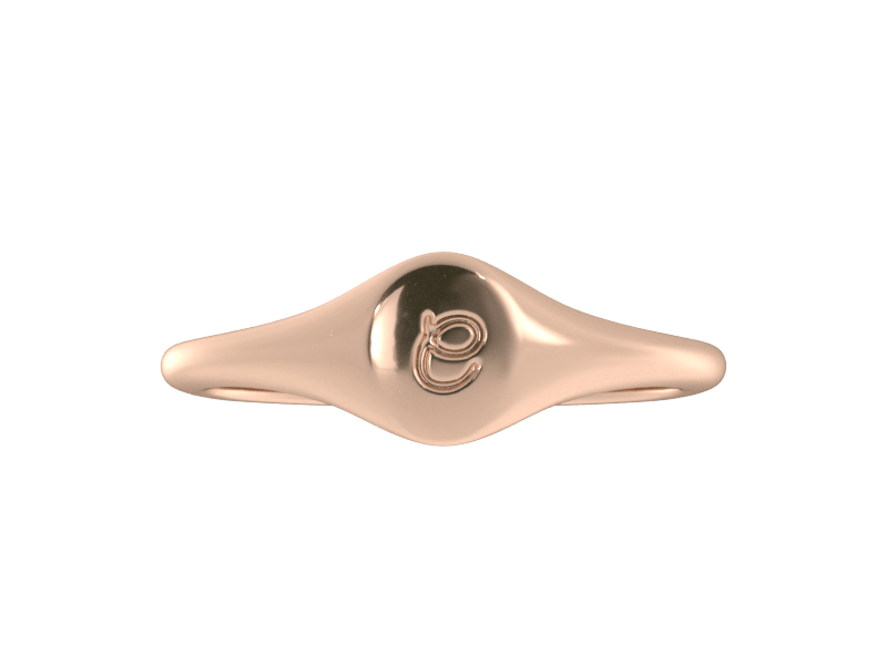 Minimalist ladies’ signet ring with custom script initial in solid 14K rose gold. Dainty, heirloom-quality personalized jewelry for women.