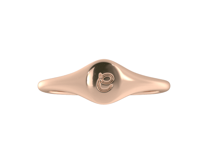 Minimalist ladies’ signet ring with custom script initial in solid 14K rose gold. Dainty, heirloom-quality personalized jewelry for women.