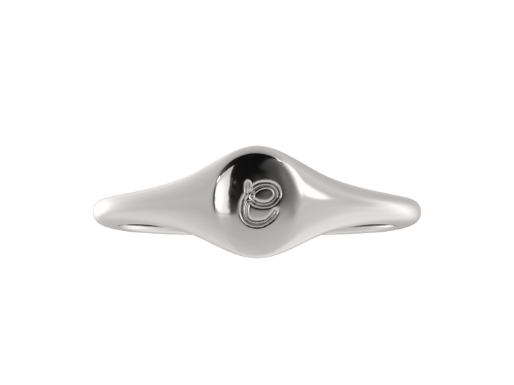 Minimalist ladies’ signet ring with custom script initial in solid gold or silver. Dainty, heirloom-quality personalized jewelry for women.