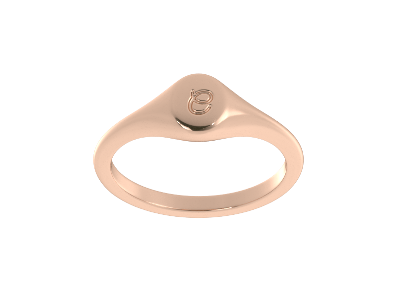 Minimalist ladies’ signet ring with custom script initial in solid 14K rose gold. Dainty, heirloom-quality personalized jewelry for women.