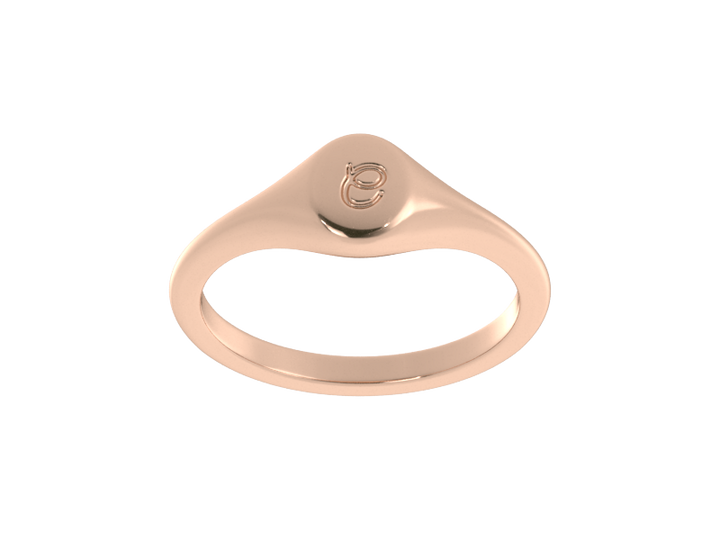 Minimalist ladies’ signet ring with custom script initial in solid 14K rose gold. Dainty, heirloom-quality personalized jewelry for women.