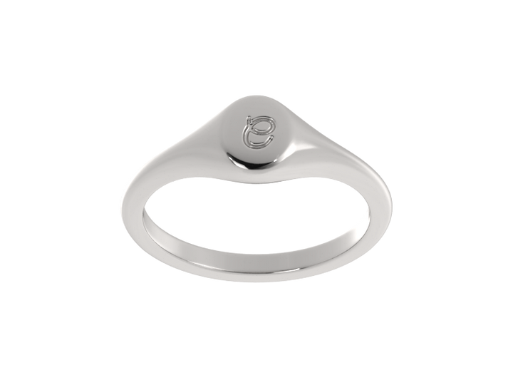 Minimalist ladies’ signet ring with custom script initial in solid gold or silver. Dainty, heirloom-quality personalized jewelry for women.