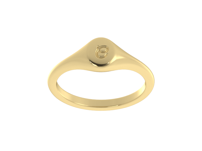 Minimalist ladies’ signet ring with custom script initial in solid 14K yellow gold. Dainty, heirloom-quality personalized jewelry for women.