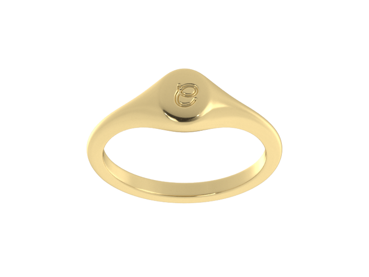 Minimalist ladies’ signet ring with custom script initial in solid 14K yellow gold. Dainty, heirloom-quality personalized jewelry for women.