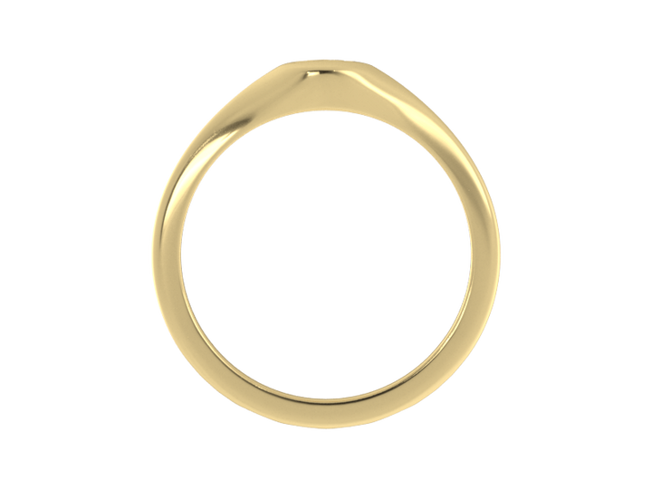 Minimalist ladies’ signet ring with custom script initial in solid 14K yellow gold. Dainty, heirloom-quality personalized jewelry for women.