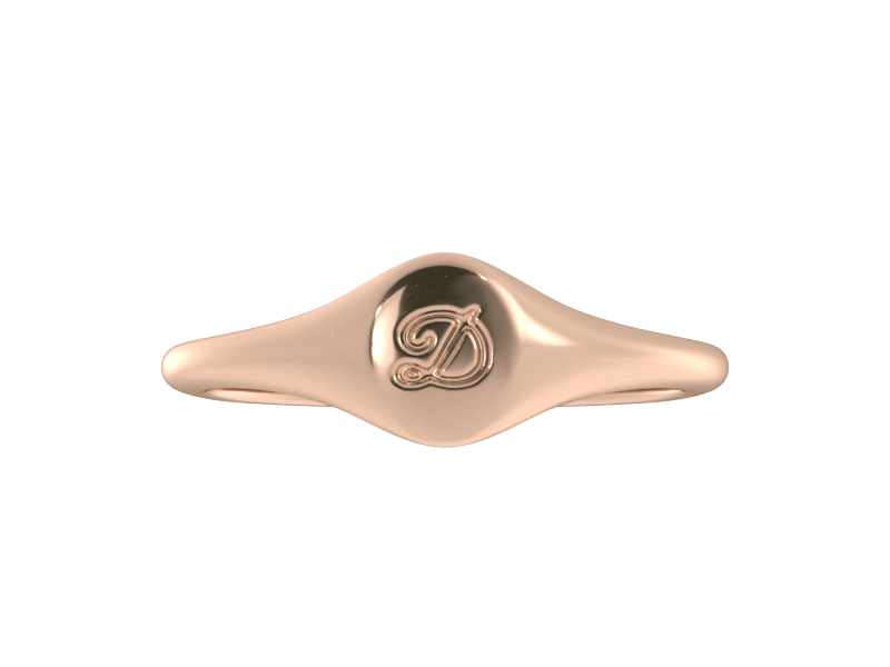 Minimalist ladies’ signet ring with custom script initial in solid 14K rose gold. Dainty, heirloom-quality personalized jewelry for women.