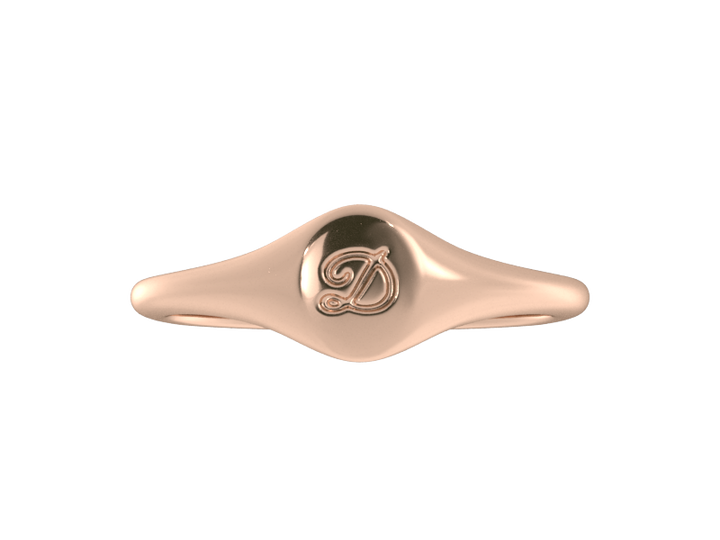 Minimalist ladies’ signet ring with custom script initial in solid 14K rose gold. Dainty, heirloom-quality personalized jewelry for women.