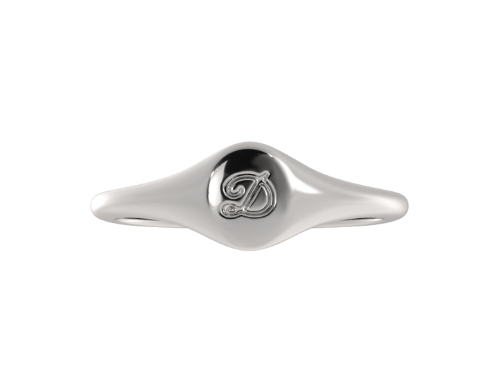 Minimalist ladies’ signet ring with custom script initial in solid gold or silver. Dainty, heirloom-quality personalized jewelry for women.