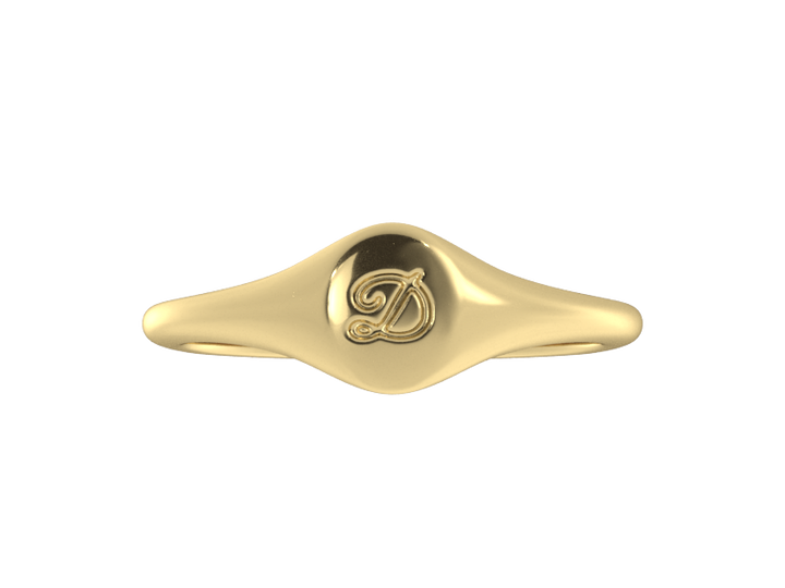 Minimalist ladies’ signet ring with custom script initial in solid 14K yellow gold. Dainty, heirloom-quality personalized jewelry for women.