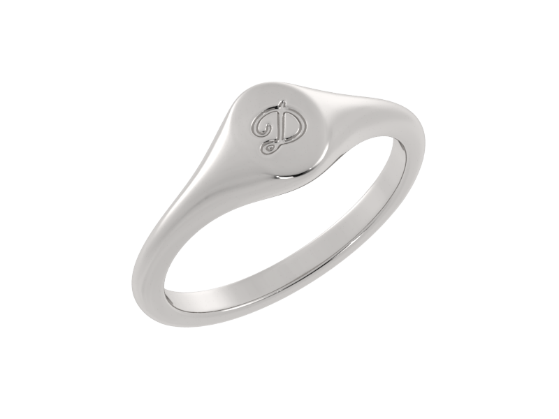 Minimalist ladies’ signet ring with custom script initial in solid gold or silver. Dainty, heirloom-quality personalized jewelry for women.