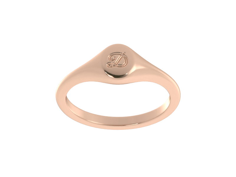 Minimalist ladies’ signet ring with custom script initial in solid 14K rose gold. Dainty, heirloom-quality personalized jewelry for women.
