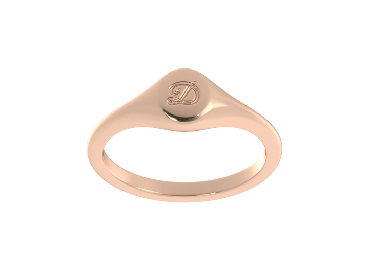 Minimalist ladies’ signet ring with custom script initial in solid 14K rose gold. Dainty, heirloom-quality personalized jewelry for women.