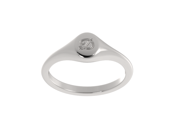 Minimalist ladies’ signet ring with custom script initial in solid gold or silver. Dainty, heirloom-quality personalized jewelry for women.
