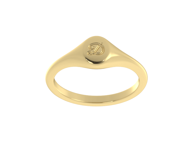 Minimalist ladies’ signet ring with custom script initial in solid 14K yellow gold. Dainty, heirloom-quality personalized jewelry for women.