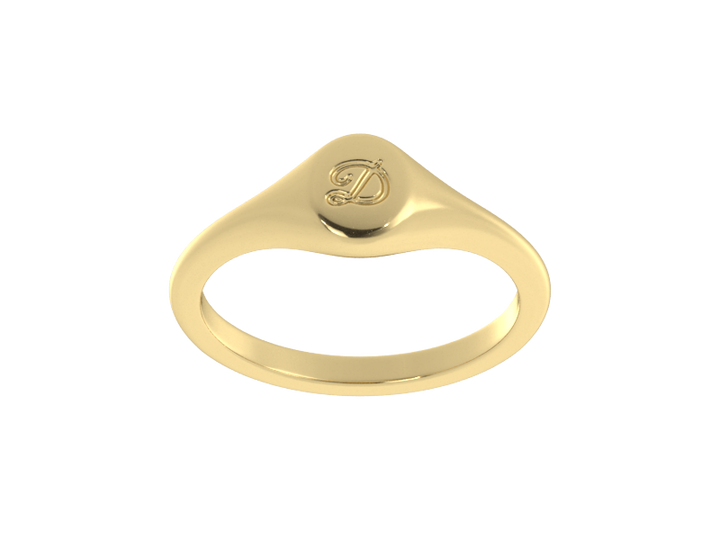Minimalist ladies’ signet ring with custom script initial in solid 14K yellow gold. Dainty, heirloom-quality personalized jewelry for women.