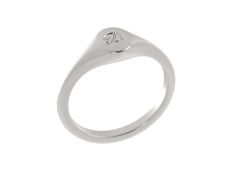 Minimalist ladies’ signet ring with custom script initial in solid gold or silver. Dainty, heirloom-quality personalized jewelry for women.