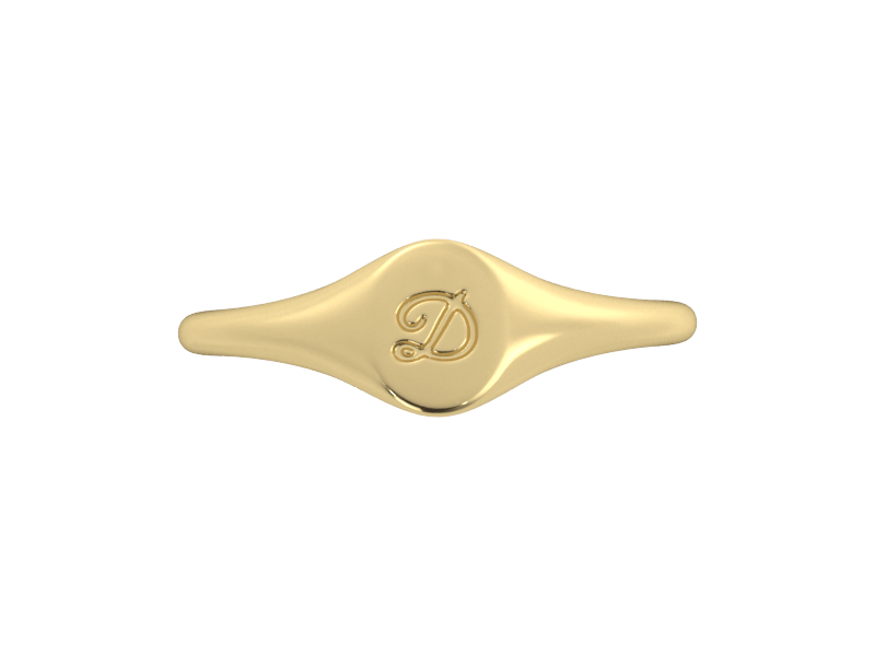 Minimalist ladies’ signet ring with custom script initial in solid 14K yellow gold. Dainty, heirloom-quality personalized jewelry for women.